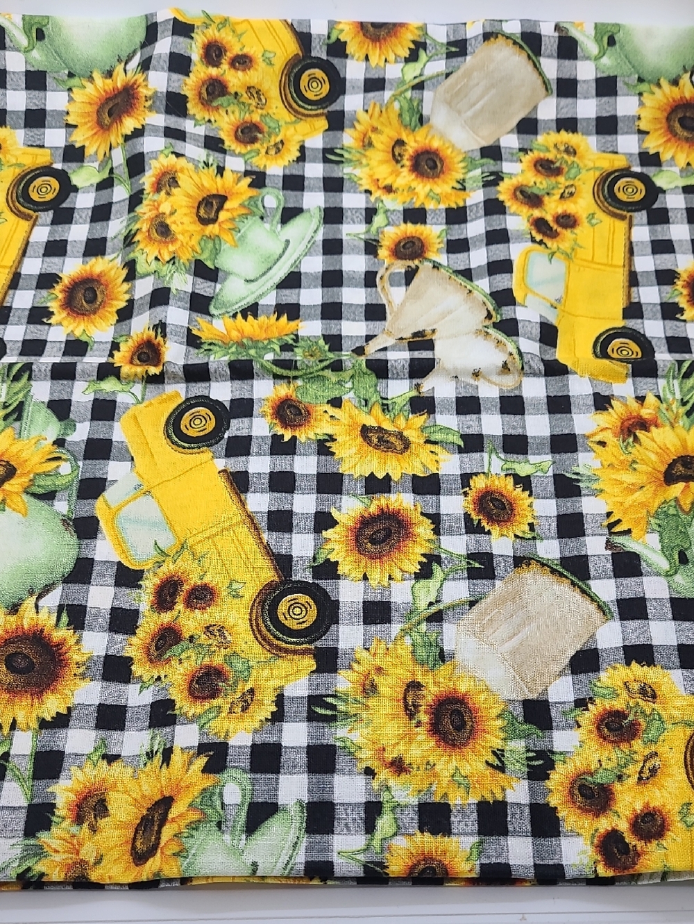 1 Yard Sunflower & Yellow Truck Black Gingham Fabric